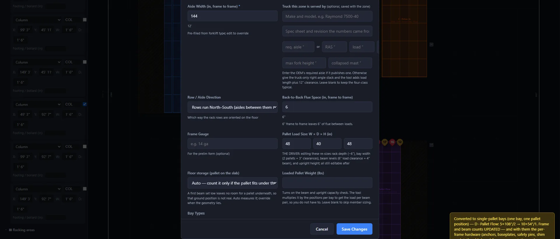 The zone editor open at the aisle fields: forklift type, aisle width, and the advisory aisle suggestion built from the truck spec plate