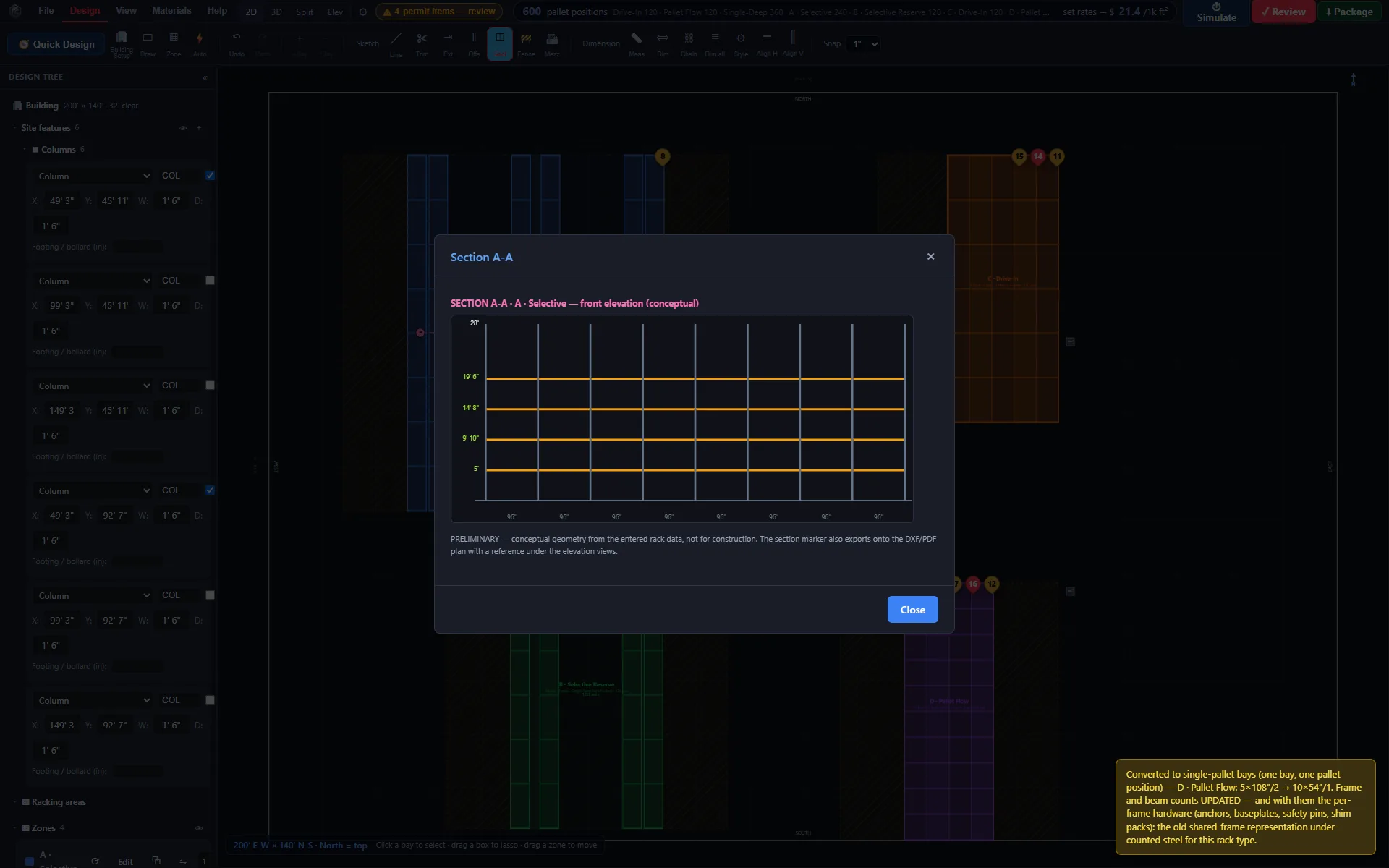A section line cut across a rack zone in the 2D plan, with the front elevation modal open showing beam levels and their heights