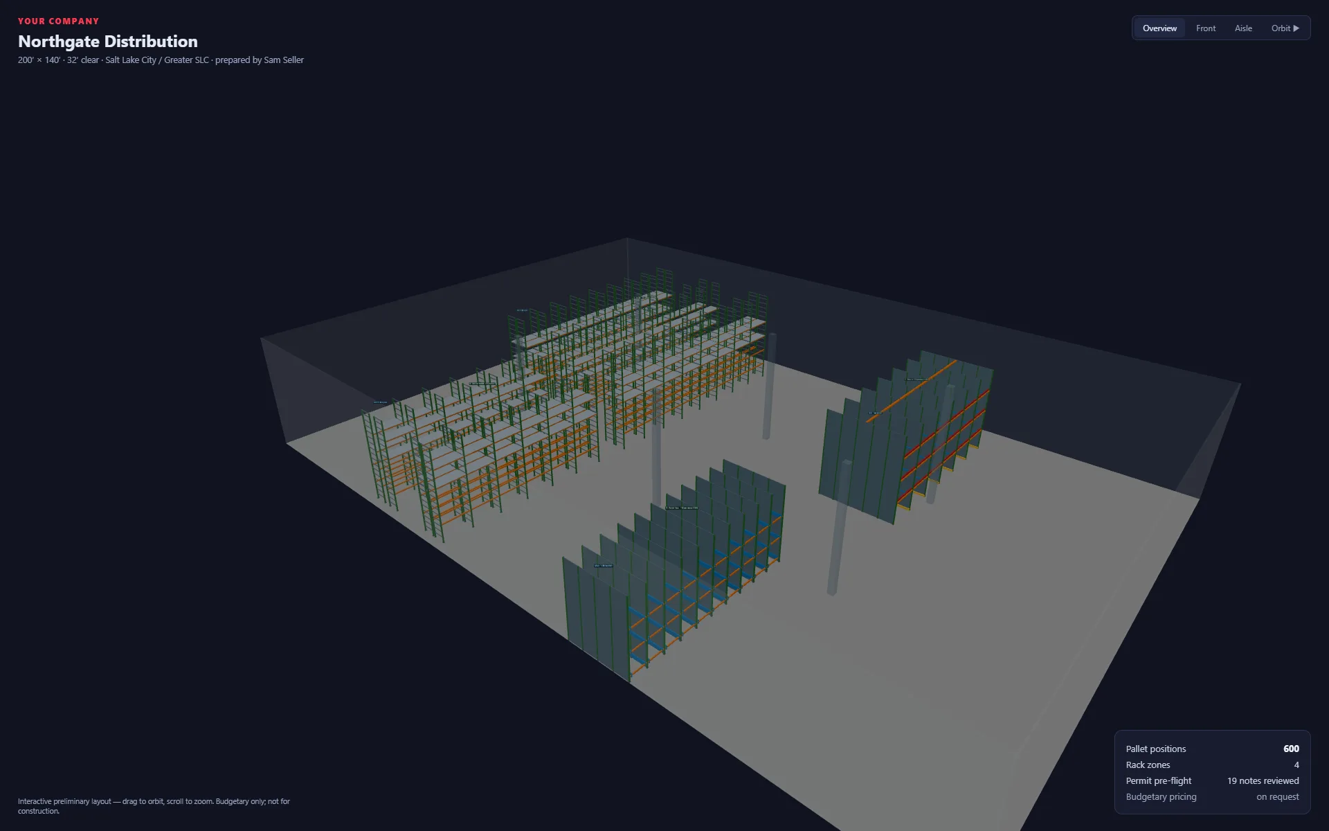 The exported share.html file open in a plain browser tab: an orbitable 3D layout with the same summary plate, no application running