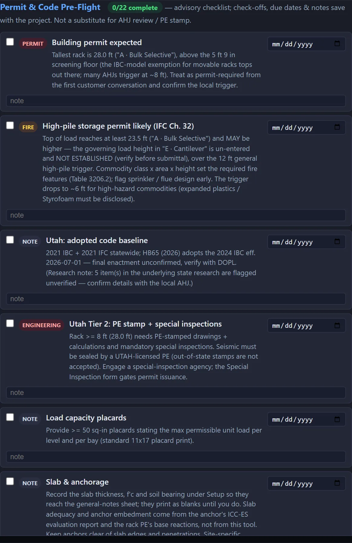 The permit and code pre-flight panel listing 22 findings against the layout, each tagged by category — permit, fire, engineering, design, note — with the code section cited where one applies