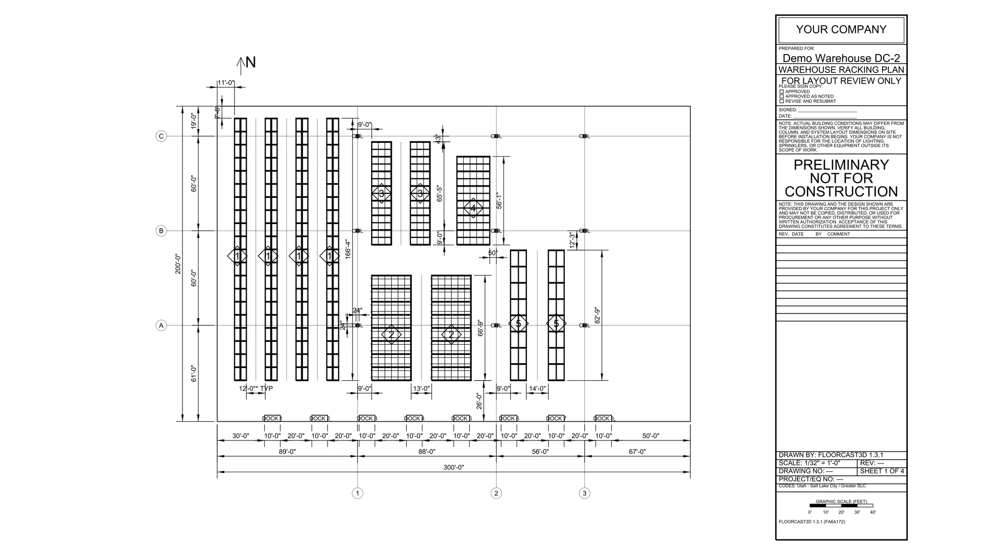 The warehouse racking plan sheet the app writes: a titled, scaled ANSI B drawing of the five-zone sample with every zone, aisle and obstacle dimensioned