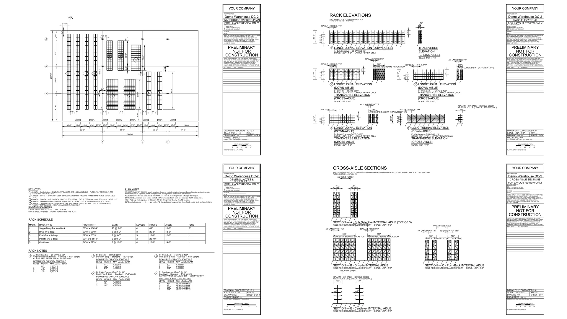 The four numbered drawing sheets the app writes for one project: the racking plan, the rack elevations, the general notes and schedules, and the cross-aisle sections