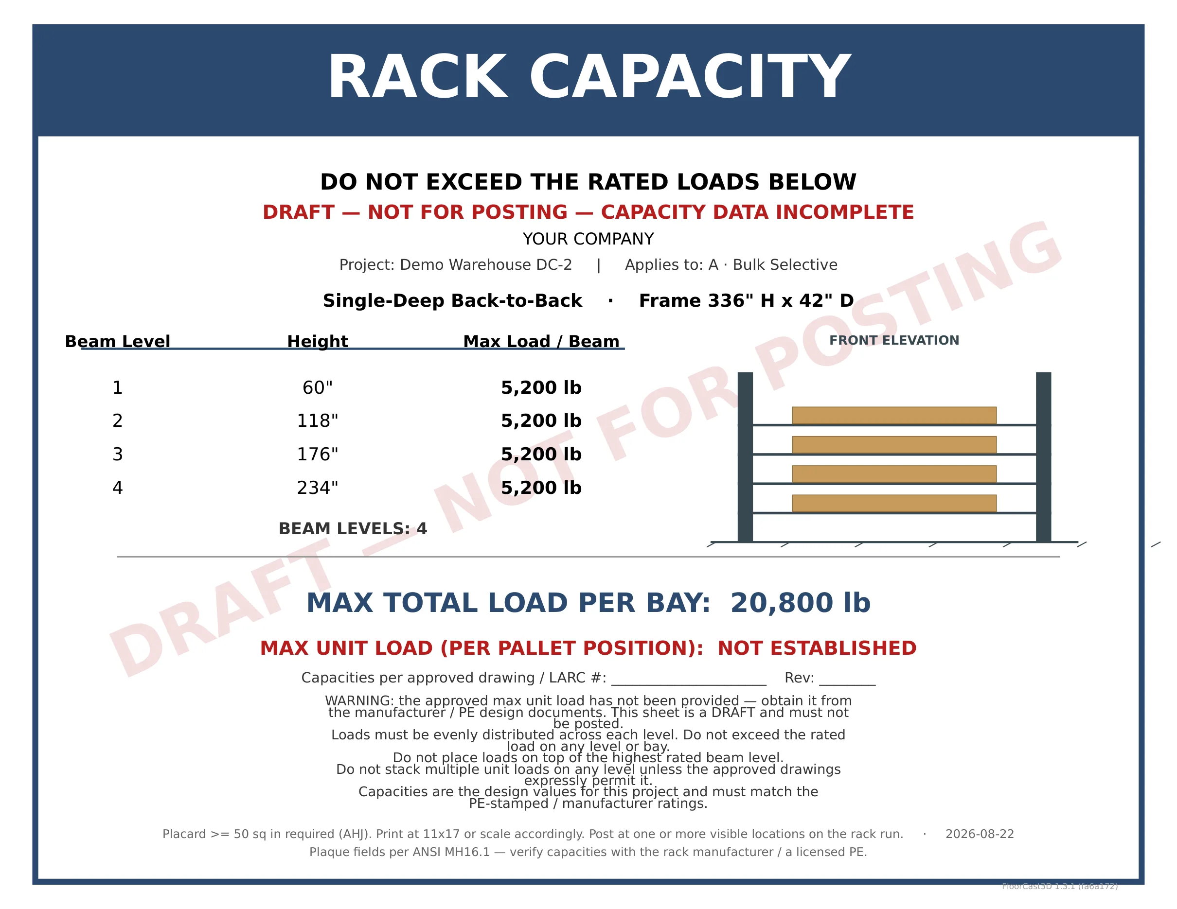A rack capacity placard rated per beam level, watermarked DRAFT — NOT FOR POSTING because no approved maximum unit load has been entered