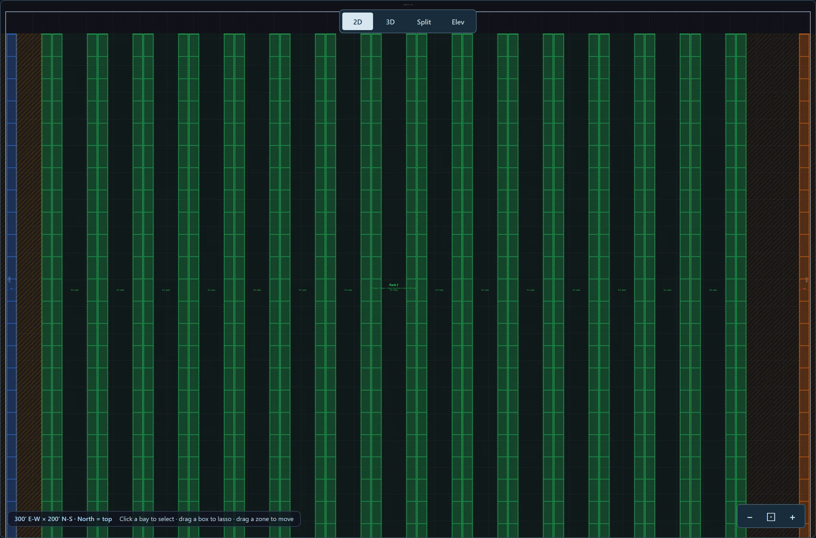 Illustrative pallet rack layout on a bare 300′ × 200′ floor: 34 rows of rack with an aisle between every pair