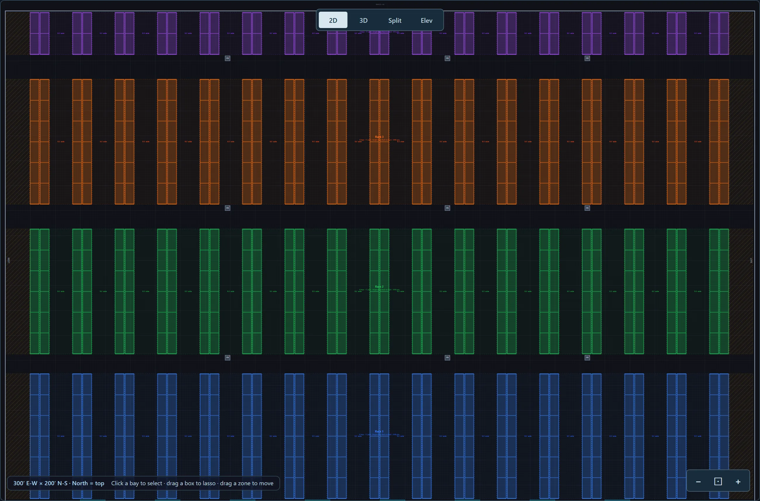 The same layout with 9 columns and 8 dock doors placed: short rows between the column lines